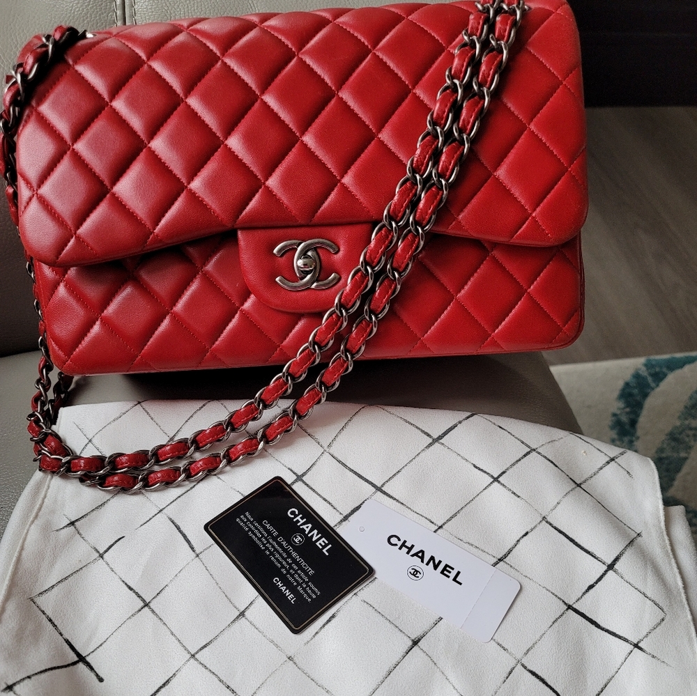 Chanel red lambskin classic flap with aged ruthenium hardware, size jumbo/large